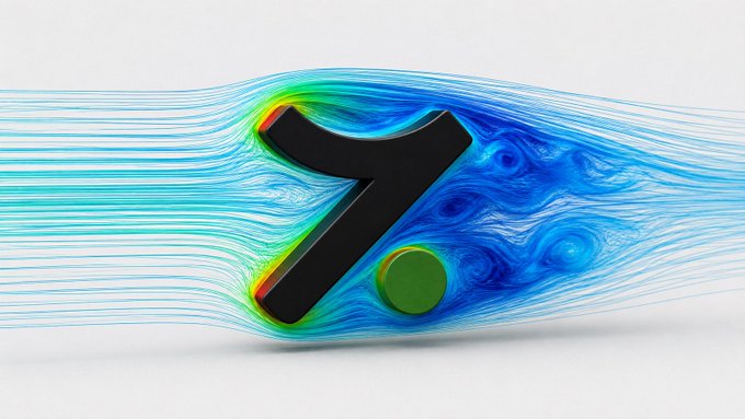 A computational fluid dynamics visualization shows airflow streamlines flowing smoothly around the black "7" and green dot of the Hotcoin logo, with vibrant blue, green, and red colors illustrating velocity and pressure distribution patterns across the logo's surfaces.

The image directly illustrates the post's claim, depicting an aerodynamics simulation of Hotcoin's brand mark to demonstrate how air moves around the logo's distinctive shapes.