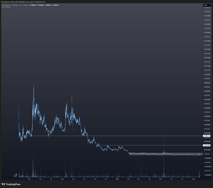 The image is a TradingView chart of Keyboard Cat (KC) on the SOL/USDC pair, showing a price of 0.00046 and a market cap of 18.90242, with the token's value having significantly declined from previous highs over the past two years—contrasting with the post's optimistic claim of a potential 10000x gain despite the visibly bearish long-term trend.