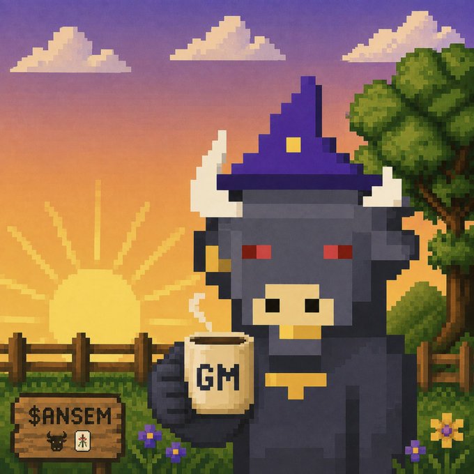 Pixel art of a dark-skinned bull-like character wearing a blue wizard hat with a star and horns, holding a steaming 'GM' mug, set against a sunset landscape with a sign reading '$ANSEM'.