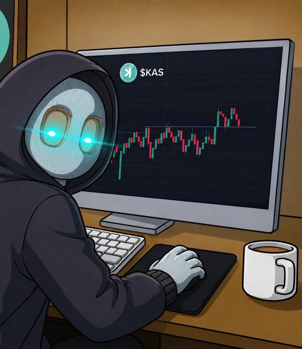 A hooded figure with glowing cyan eyes sits at a desk analyzing a $KAS candlestick chart on a monitor, with a mug of coffee nearby. The image ties into the post's promotion of $KAS being listed on the TxFlow DEX trading platform, visually representing a trader researching the token's price action.