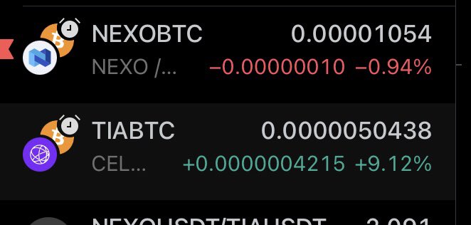 A cryptocurrency trading app displays prices for NEXOBTC/NEXO at 0.00001054 (-0.94%) and TIABTC/CEL at 0.0000050438 (+9.12%).