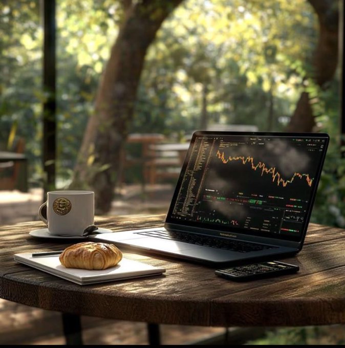 An AI-generated scene of a laptop displaying a stock trading chart on a wooden table, accompanied by a coffee cup, croissant, notebook, and smartphone, set in a lush outdoor environment.