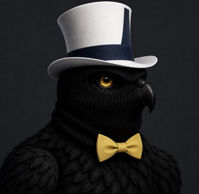 Stylized portrait of a black raven or crow wearing a white top hat with a blue band and a yellow bow tie, with a striking golden eye against a dark gray background.
