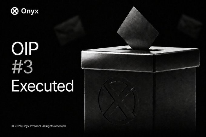 The image displays a sleek black ballot box with the Onyx logo and text "OIP #3 Executed" alongside the Onyx Protocol logo in the top left corner. The visual of a ballot box symbolically represents the formal execution and approval of Onyx Improvement Proposal #3, aligning with the announcement about the Mainnet Rewards Program and $XCN staking APR.