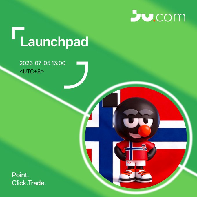 A green promotional graphic for 'BW.com Launchpad' event on 2026-07-05 13:00 (UTC+8) featuring a cartoon mascot character wearing a Norway-themed outfit with the Norwegian flag.