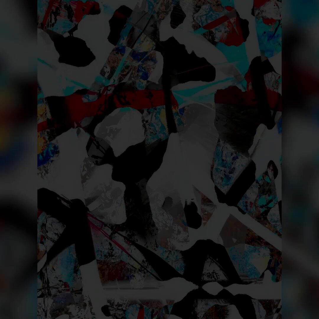 The image features an abstract art piece with black, white, red, blue, green, and gray colors. The artwork has a chaotic appearance due to its random arrangement of shapes and lines. The background of the painting is blurred, making it difficult to discern specific details or objects within the composition. The post includes text that reads "‘Lungs on Wax’ I can hear my hair growing...”" which seems unrelated to the artwork but adds a personal touch to the image.