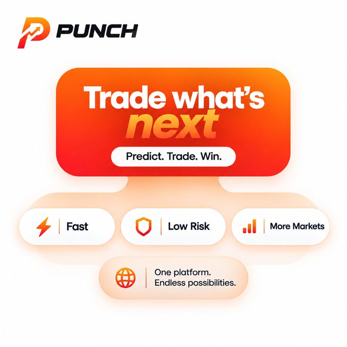 A promotional graphic for the 'PUNCH' trading platform with the slogan 'Trade what's next' and 'Predict. Trade. Win.', highlighting features like 'Fast', 'Low Risk', and 'More Markets'.