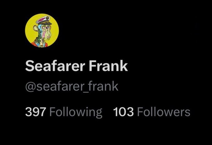 A Twitter profile for 'Seafarer Frank' (@seafarer_frank) features a yellow avatar of a character in a captain's hat and shows 397 Following and 103 Followers.