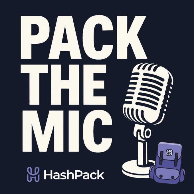 A podcast graphic with bold white text reading 'PACK THE MIC' next to a vintage microphone illustration, with the HashPack logo and a purple backpack mascot at the bottom.