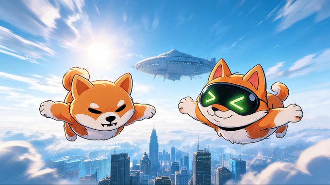 Two cartoon Shiba Inu dogs fly through a sunny sky above a cityscape; one wears glowing green VR-style sunglasses.