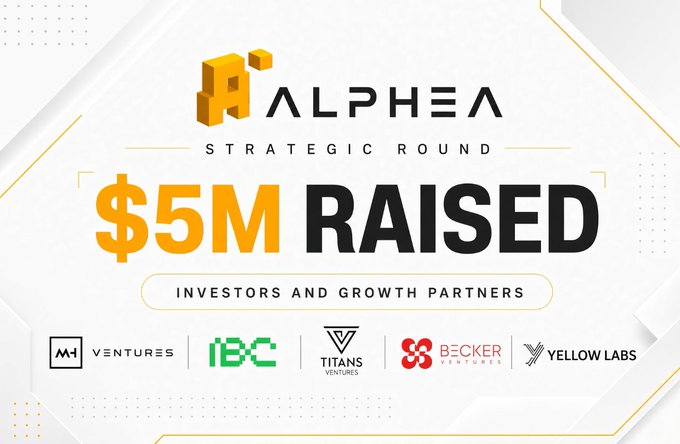 The image is a promotional graphic announcing that Alphea has raised $5M in a Strategic Round, featuring the Alphea logo and listing its investors and growth partners: M1 Ventures, IBC, Titans Ventures, Becker Ventures, and Yellow Labs. It aligns with the accompanying post's claim of "$5M" in Alphea funding, serving as visual proof of the project's financial backing to encourage users to register via the provided invitation link for an airdrop.