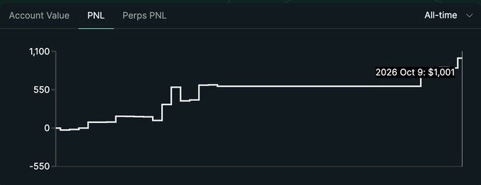 A trading platform's PNL (Profit and Loss) chart shows steady gains over time, climbing from near $0 to $1,001 by October 9, 2026, illustrating a successful run in perpetual futures trading that contradicts the initial skepticism expressed in the caption.