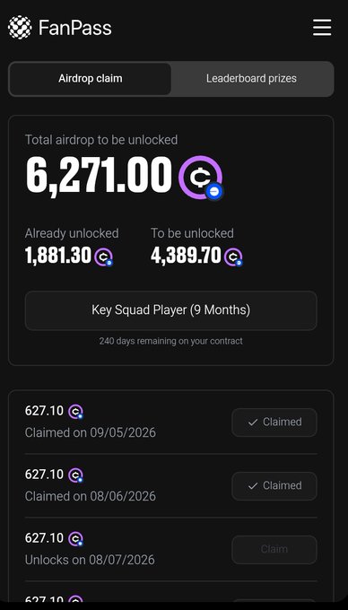 The image shows a black cellphone screen displaying various account information for FanPass, including the total airdrop amount (6,270,000), the current number of unlocks (3), and other relevant details. The post about the claim process also provides some context related to the cell phone's owner or user.