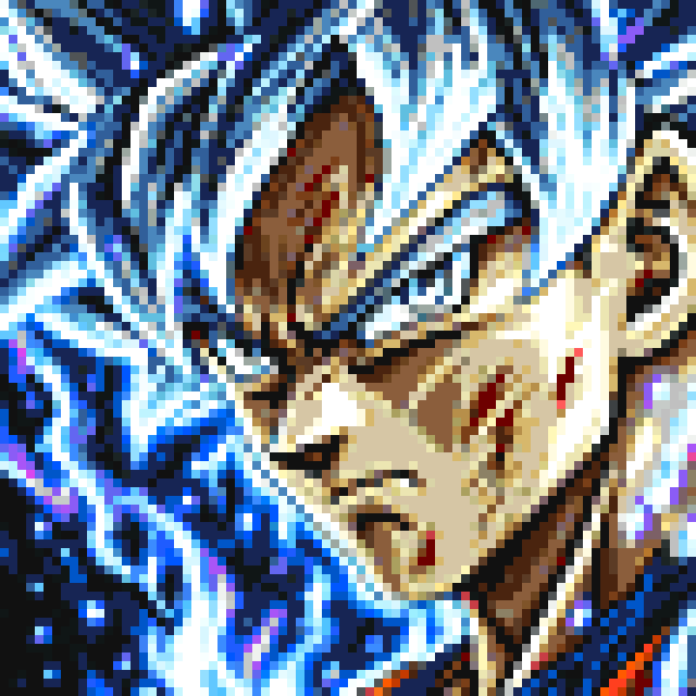 A heavily pixelated/glitched digital artwork with a brown animal-like figure surrounded by chaotic blue, white, and multicolored pixel artifacts.