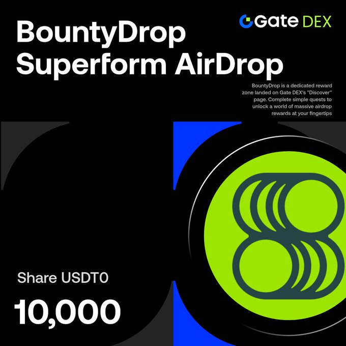 Promotional graphic for the Gate DEX "BountyDrop Superform AirDrop," offering participants a chance to share 10,000 USDT0 by following GateDEX, Superform, and Flare Networks and completing the on-chain task of depositing at least $10 from any chain into bizUSDT0 via the Superform App.