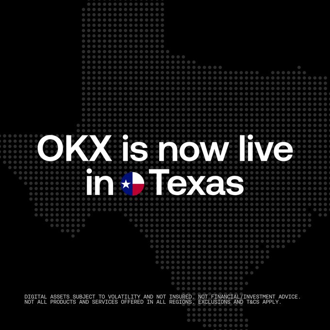 A promotional graphic featuring a dotted silhouette of Texas with bold white text reading "OKX is now live in Texas," where the star in "Texas" is replaced by the Texas flag. A disclaimer at the bottom notes that digital assets are subject to volatility and not all products are available in all regions. The image directly supports the announcement of OKX's expansion into Texas.