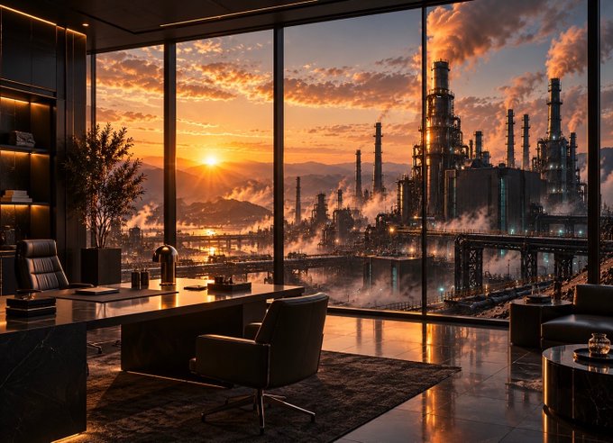 A luxurious office interior features floor-to-ceiling windows overlooking an industrial cityscape at sunset.