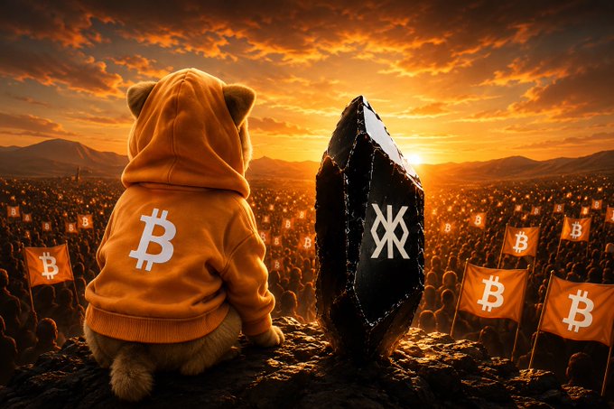 A teddy bear in a Bitcoin-themed orange hoodie sits beside a black monolithic rock marked with a white symbol, overlooking a vast crowd waving orange Bitcoin flags at sunset.
