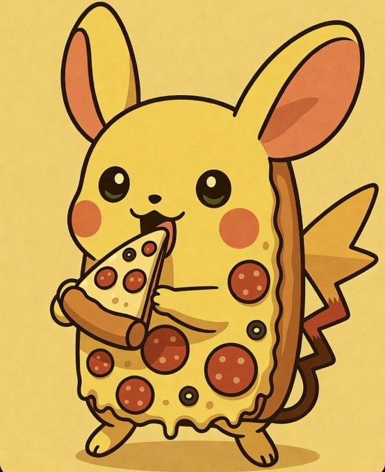A cute Pikachu mascot eating a slice of pepperoni pizza, decorated with pizza-themed patterns across its body, likely serving as playful artwork tied to a meme coin ("36bdAzHB5FBma5DdZGzHqQjxbsnZM8e5hkSUqGGYpump") that combines Pikachu and pizza meme imagery.