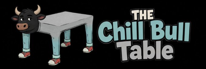 The image shows a cartoon banner for "THE Chill Bull Table" featuring a black bull character with light blue legs and red sneakers serving as a table. This playful mascot aligns with the Solana token $MOGCHILL's community update, introducing the branding for the project on Moby.