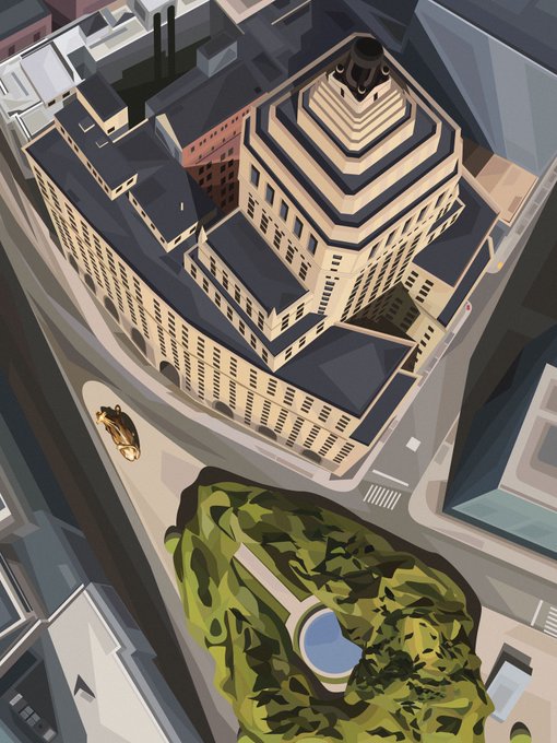 A stylized overhead illustration of a multi-tiered Art Deco-style building in cream and dark blue, surrounded by a city street with a single car and a green park area below.