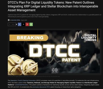 The image shows a poster for a video titled "DTC's plan for digital liquidity tokens: New Patent Outlines integrating XRP ledger and Stellar blockchain into interoperable asset management". It has a blue background with white text, and there are two gold coins in front of it, representing the concept of digital liquidity. The title of the post is written below these coins, and a logo and an image of a gold coin can be seen at the bottom left corner of the poster.