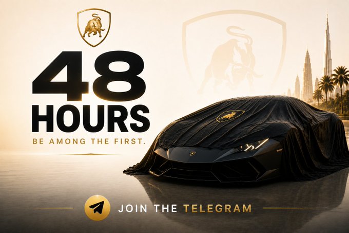 A sleek Lamborghini Huracán is partially unveiled under a black cover featuring the iconic bull logo, set against a Dubai skyline backdrop. Bold text reads "48 HOURS - BE AMONG THE FIRST" with a Telegram call-to-action, suggesting an exclusive crypto-related car giveaway aimed at XRP holders.