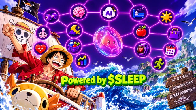 An anime-style promotional image for $SLEEP featuring a One Piece-like character on a pirate ship alongside various app icons including AI, gaming, and shopping.