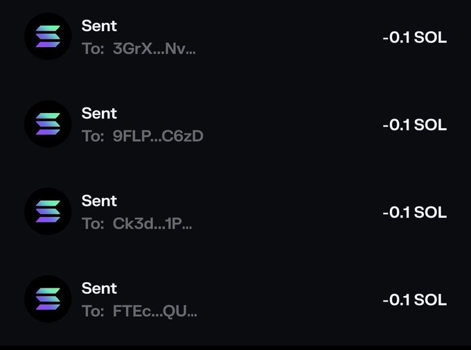 A dark-themed mobile interface displays a list of four cryptocurrency transactions, each marked "Sent" for "-0.1 SOL" to different addresses.