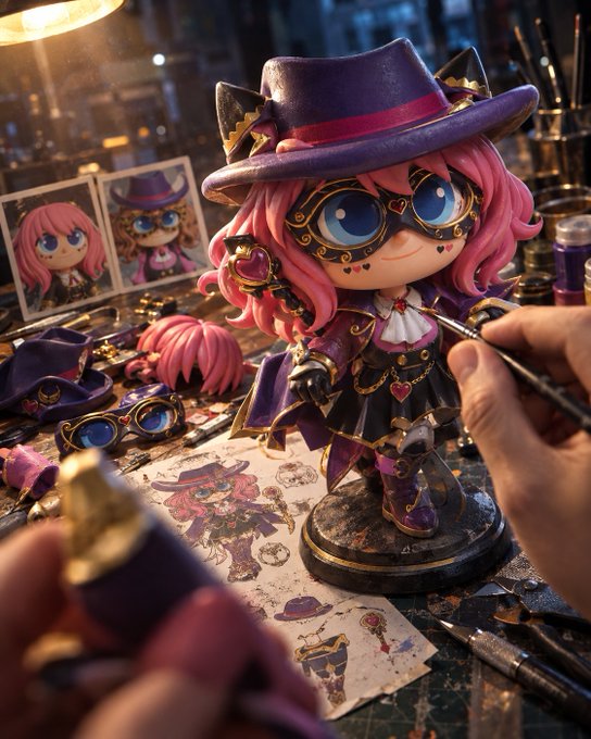 An artist's hands work on a detailed figurine of a pink-haired character wearing a purple hat and mask, surrounded by design sketches and tools.