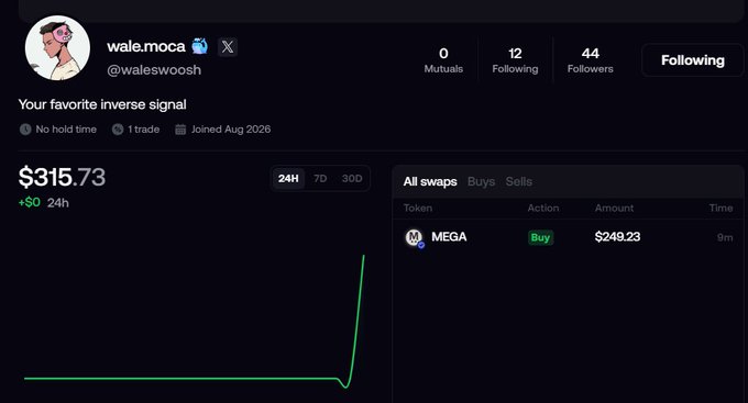 A social media profile for 'wale.moca (@waleswoosh)' with the bio 'Your favorite inverse signal,' showing a portfolio value of $315.73, 12 following, 44 followers, and a recent $249.23 swap buy of MEGA.