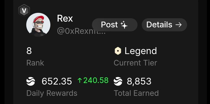 This image shows the profile of "Rex" with rank 8, "Legend" tier, and daily rewards of 652.35 with total earned of 8,853. The post text highlights how @RiverdotInc simplifies DeFi, which is visually represented by the user's strong stats and tier.