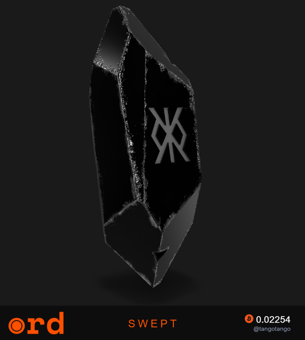 A dark, hexagonal "Runestone" NFT from the Ordinals collection is displayed against a black background, prominently featuring the etched inscription "X" in the center, with the text "ord" and "SWEPT" at the bottom alongside the value "0.02254" and the username "@tangotango," illustrating the multi-sweep of 20x Runestones on ORD.