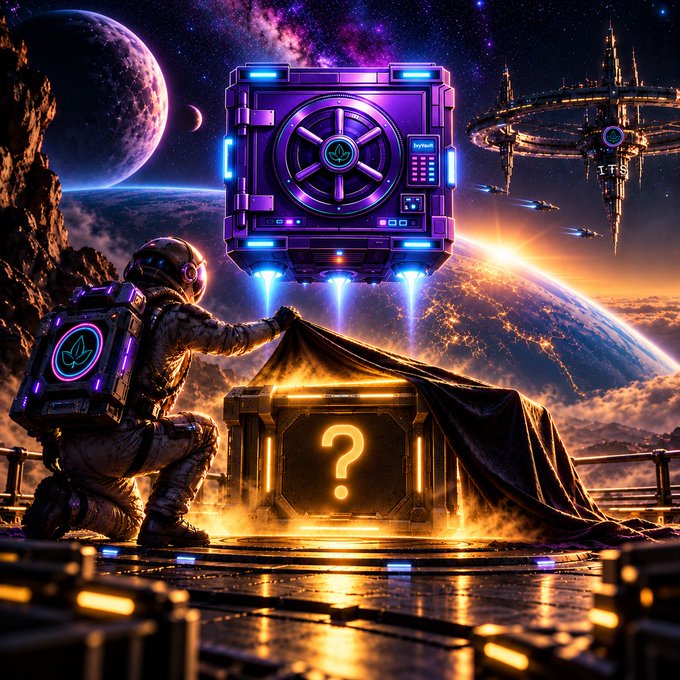A sci-fi digital illustration shows an astronaut unveiling a mysterious crate marked with a '?' while a hovering purple vault displays an XRP logo, set against a space backdrop with planets and a space station.