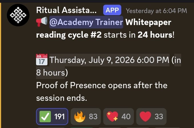 A Discord message from the 'Ritual Assistant' app announcing that the Academy Trainer Whitepaper reading cycle #2 starts in 24 hours on Thursday, July 9, 2026, with 191, 83, 40, and 33 reactions.