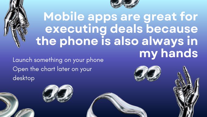 A blue gradient advertisement featuring silver metallic hand sculptures reads, "Mobile apps are great for executing deals because the phone is also always in my hands," with smaller text stating, "Launch something on your phone / Open the chart later on your desktop."