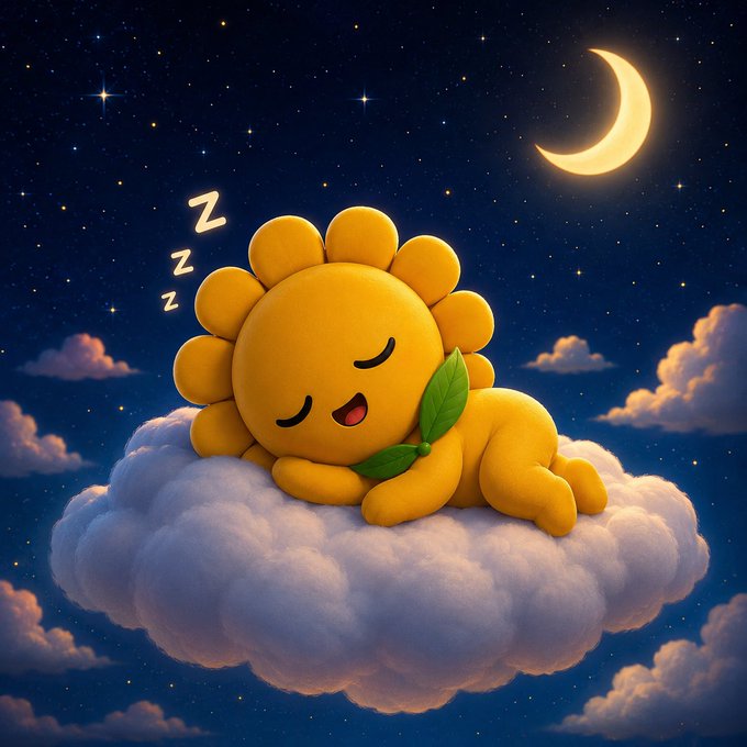 A cute 3D-rendered yellow sunflower character with a green leaf sleeping peacefully on a fluffy cloud under a starry night sky with a crescent moon, with 'Z's floating above.