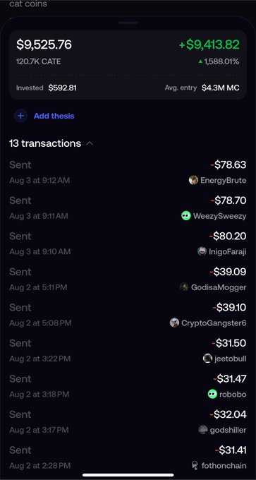 The image shows a cryptocurrency transaction history, with the user detailing sending out $CATE coins and airdrops to followers, and the post reiterates this by announcing the distribution of 1,000 $CATE coins to 10 people.