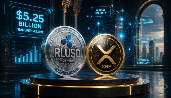 A digital graphic showing 'RLUSD STABLE VALUE' and 'XRP' cryptocurrency coins next to a display reading '$5.25 BILLION TRANSFER VOLUME' with labels for 'GLOBAL LIQUIDITY', 'REAL-TIME SETTLEMENT', 'INSTITUTIONAL GRADE', and 'SECURE & COMPLIANT'.