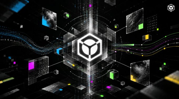 An abstract digital artwork featuring a central glowing cube logo surrounded by floating cubes, colorful data streams, and cosmic textures on a black background.
