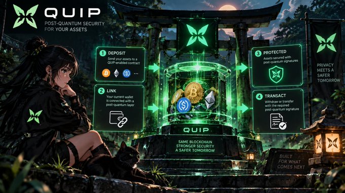 Promotional graphic for "QUIP - Post-Quantum Security for Your Assets" showing an anime-style female character, a glowing green shrine containing cryptocurrency coins, and a four-step process: Deposit, Link, Protected, and Transact.