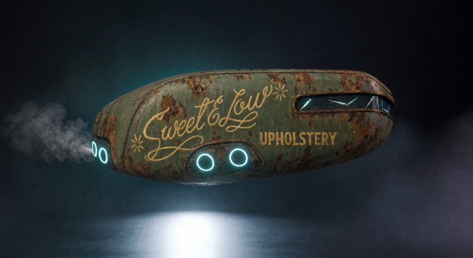 A 3D render of a rusty, futuristic blimp-style vehicle flying through the night sky, with "Sweet Love UPHOLSTERY" written in cursive on its side.