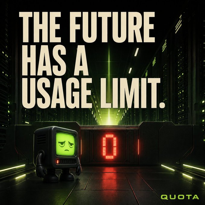 A small retro CRT-style robot with a sad green face stands in a dark server room beside a glowing red digital "0" display, beneath the bold text "THE FUTURE HAS A USAGE LIMIT." and the "QUOTA" logo in the corner, visually satirizing AI/API usage caps to promote the free tools and meme maker launching on quotaexceeded.com.
