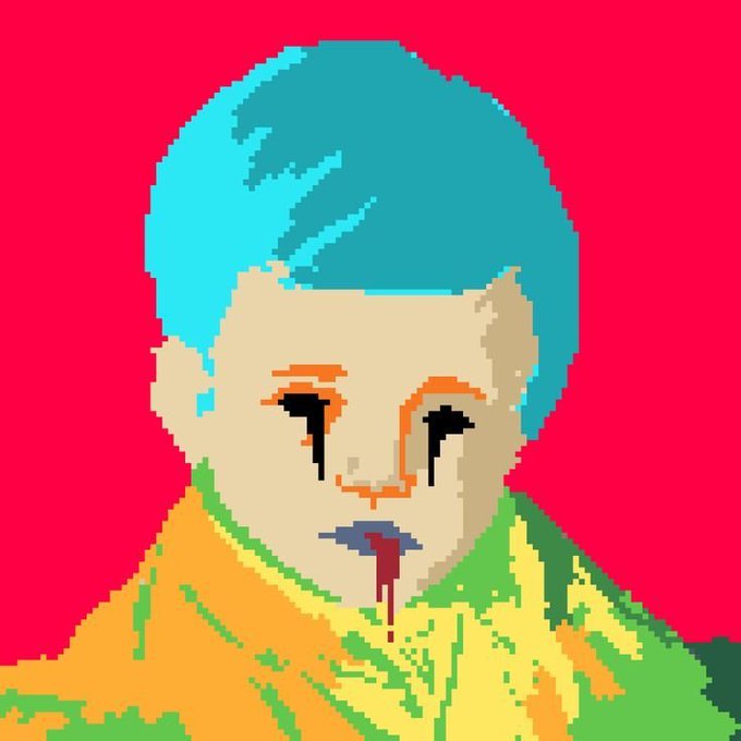 A pixel art portrait of a person with teal hair, dark tear-like marks under their eyes, and red dripping from their mouth, set against a solid pink background.