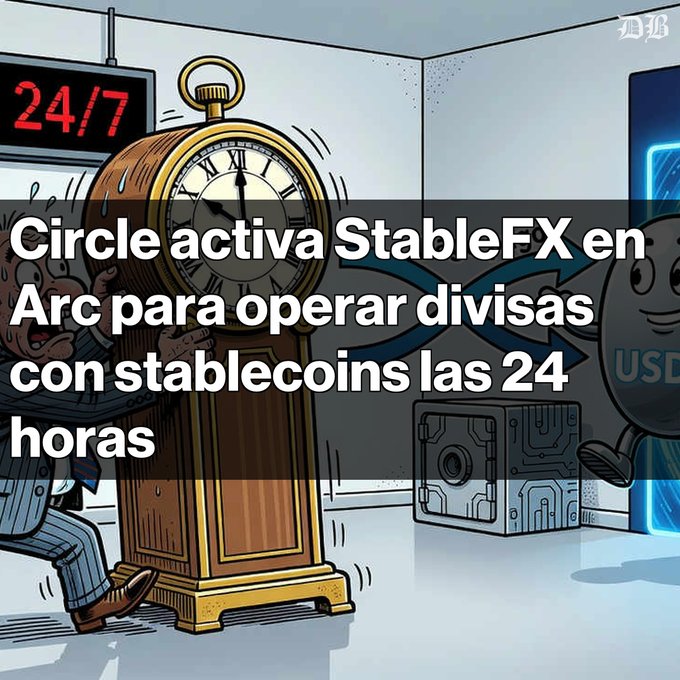 A cartoon showing a man struggling to push a giant grandfather clock, with text reading 'Circle activa StableFX en Arc para operar divisas con stablecoins las 24 horas'.