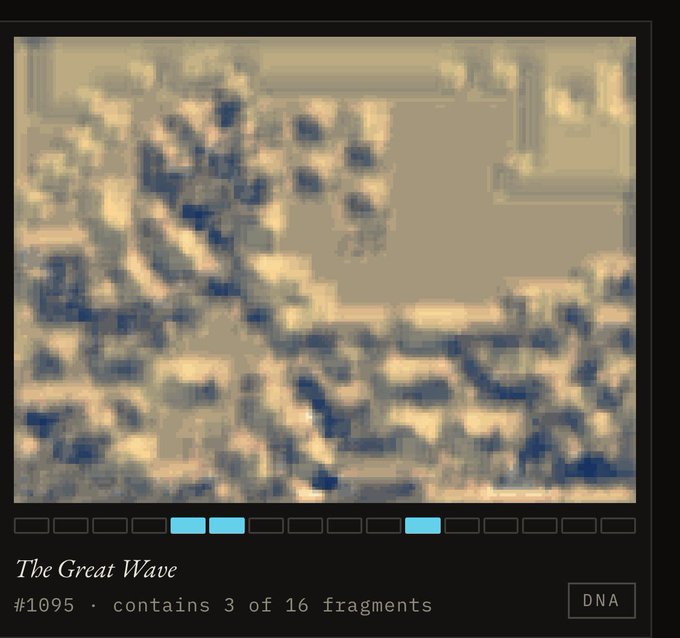 A stylized, pixelated rendering of "The Great Wave" appears in muted blue and beige tones, labeled "#1095 · contains 3 of 16 fragments" with a row of progress squares below indicating collection status. The "Minted" caption refers to the image being a newly minted collectible digital art NFT, with the fragments and progress bar tracking the collector's ownership of its 16 individual pieces.