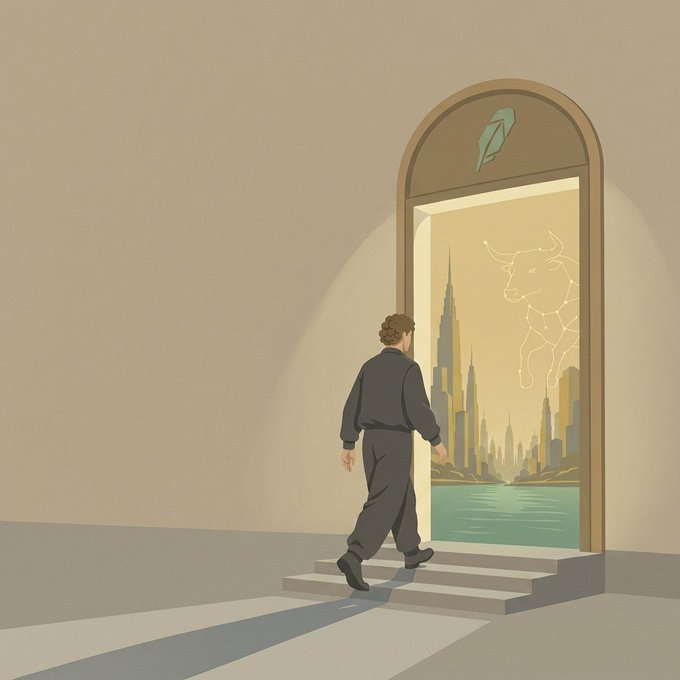 A figure walks through an archway toward a glowing cityscape with a bull constellation overhead, symbolizing the migration to Robinhood Chain announced in the post. The image visually represents the "new chapter" and forward momentum of the DIVERGENTS collection moving to its new home at opensea.io/collection/div…, with the bull evoking bullish market sentiment.
