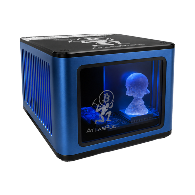 A blue AtlasPool Bitcoin mining device with an illuminated display showing a 3D skull figurine inside.