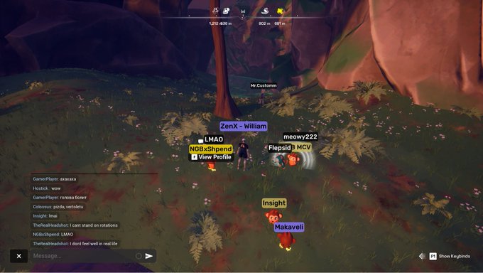 A screenshot from a multiplayer online game showing player avatars in a forest setting, with usernames visible including 'ZenX - William', 'meowy222', 'NOBxShpend', and 'Flopside MCV', along with a chat log on the left side.
