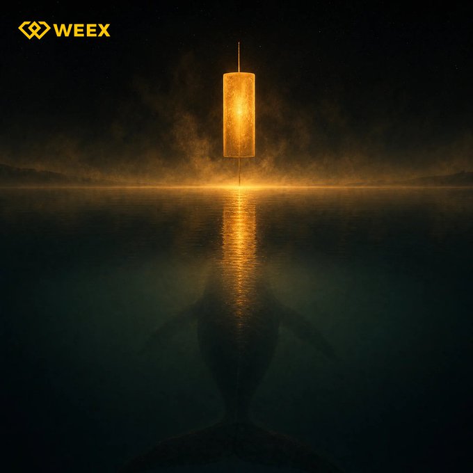 A glowing golden bar hovers above a dark ocean horizon, casting its reflection down into the deep waters where a massive whale silhouette lurks beneath the surface. The "WEEX" logo appears in the top left corner, reinforcing the post's message "bullieve in the dip" — visually suggesting that beneath the surface of the market's depths lies a powerful bullish force waiting to surface.